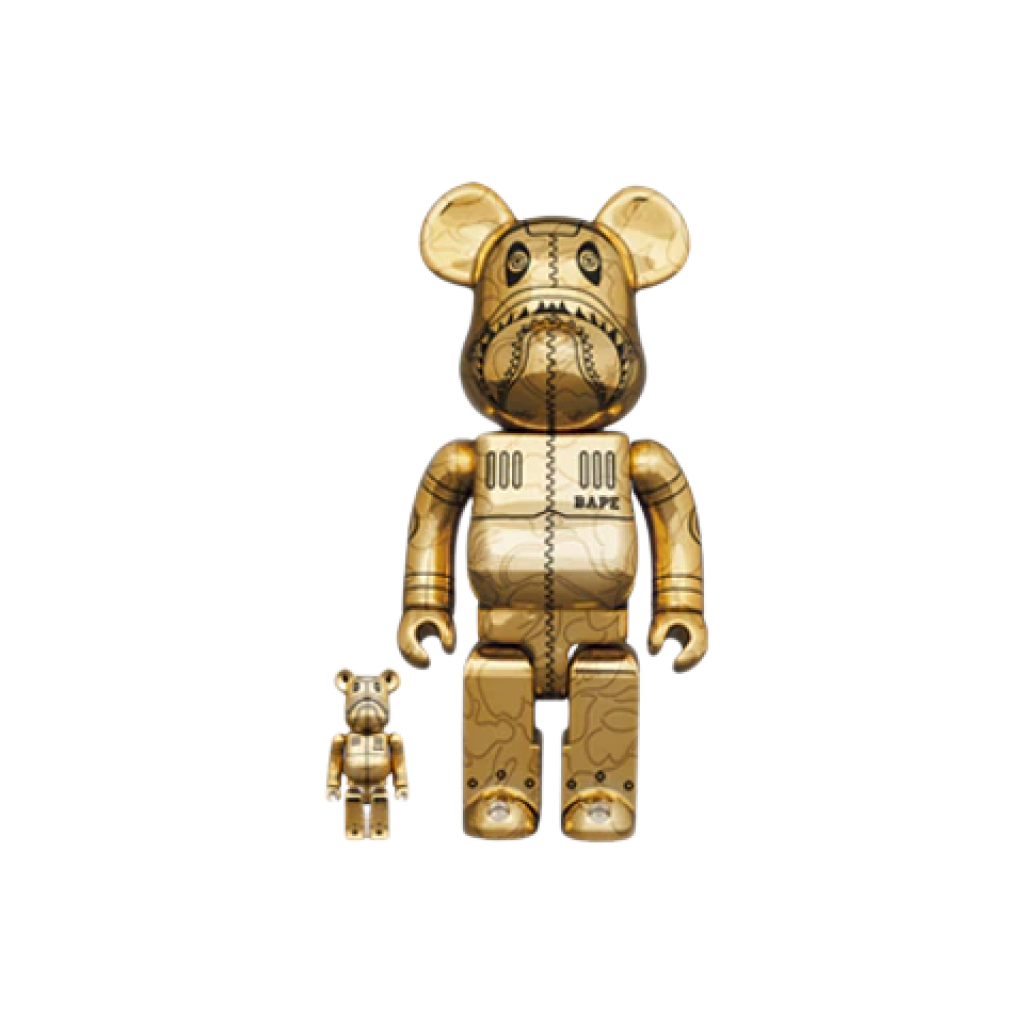 Bearbrick x BAPE x Hajime Sorayama Camo Shark 100% & 400% Set Gold